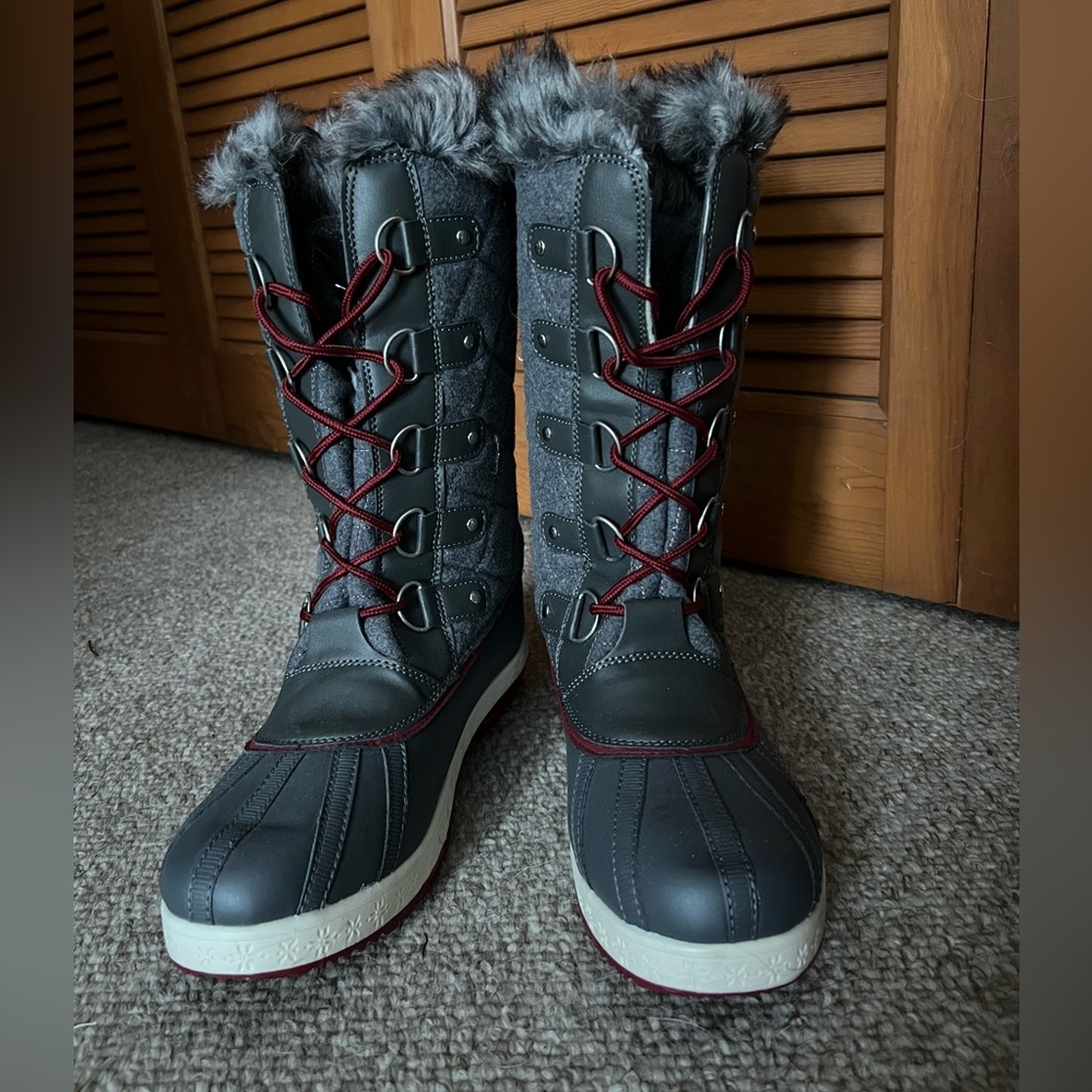Women's Gray Winter Boots with Faux Fur Trim